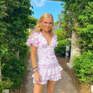 Brunch club Abby dress. Pink ruffle mini dress